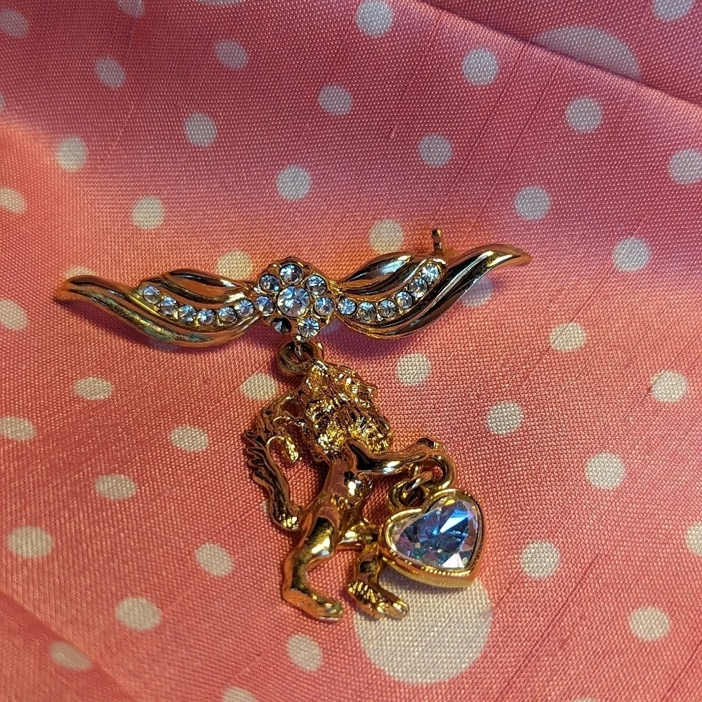 Lion Angel Gryffin pin brooch rhinestone 10k gold plated Mystical Magical Royal